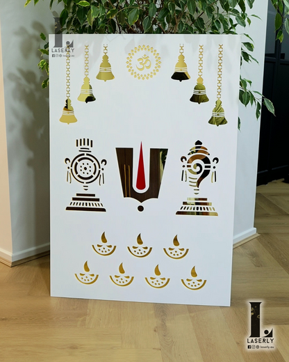 Tirupati Balaji Mandir Panel - White and Mirror Gold 39.37 × 27.56 inches