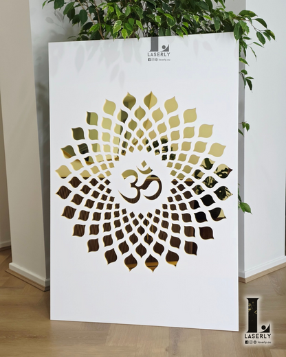 OM Mandir Panel - White and Mirror Gold 47.24 × 31.50 inches