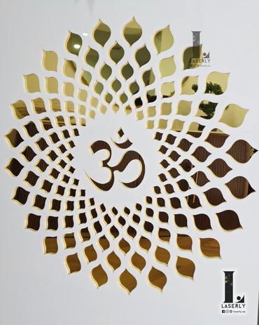 OM Mandir Panel - White and Mirror Gold 47.24 × 31.50 inches