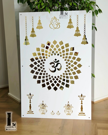 OM - Ganesha Mandir Panel - White and Mirror Gold 47.24 × 31.50 inches