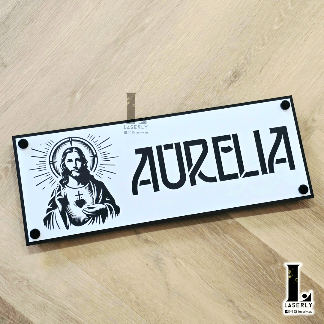 Custom Christian house name plaque featuring Jesus design in layered acrylic finish.