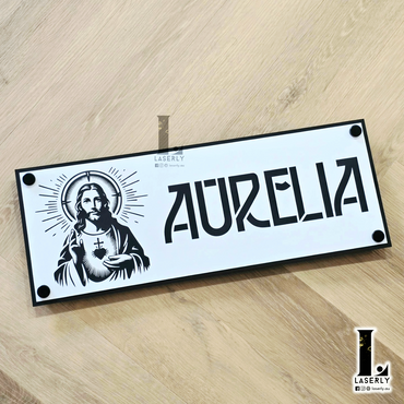 Custom Christian house name plaque featuring Jesus design in layered acrylic finish.