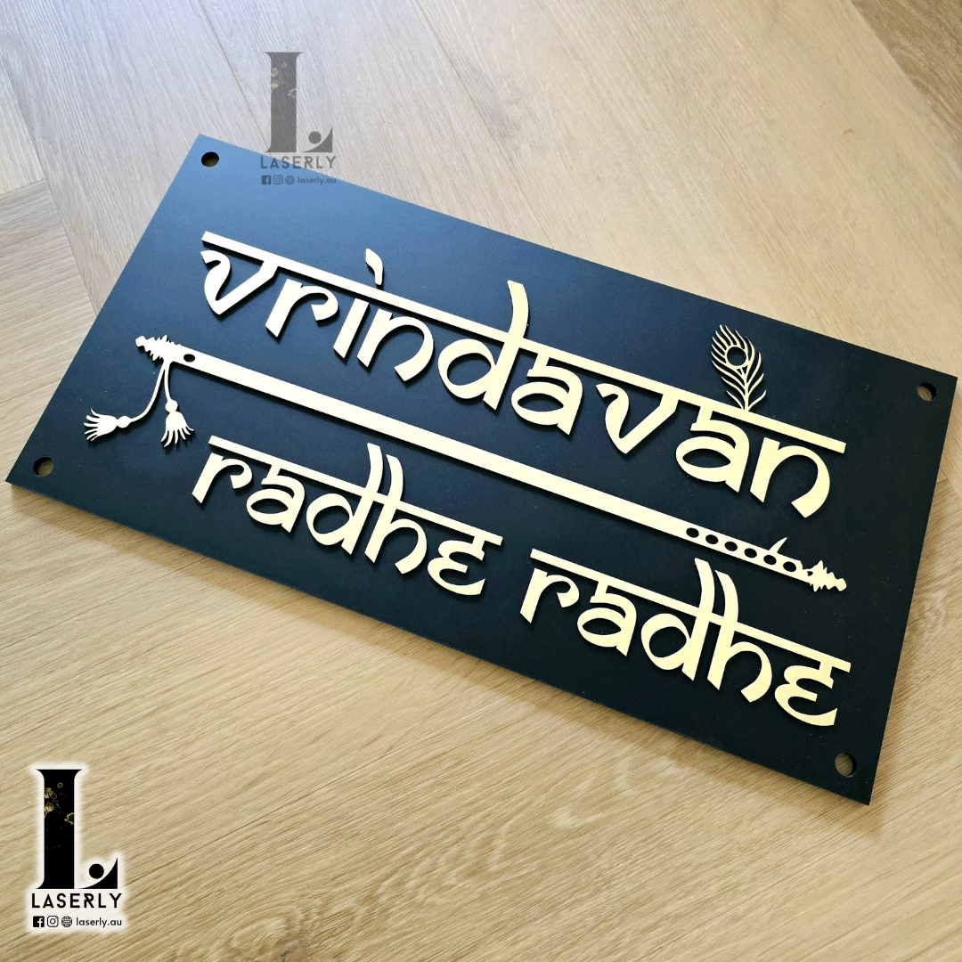 Custom Vrindavan house number sign crafted with premium materials on exterior wall.