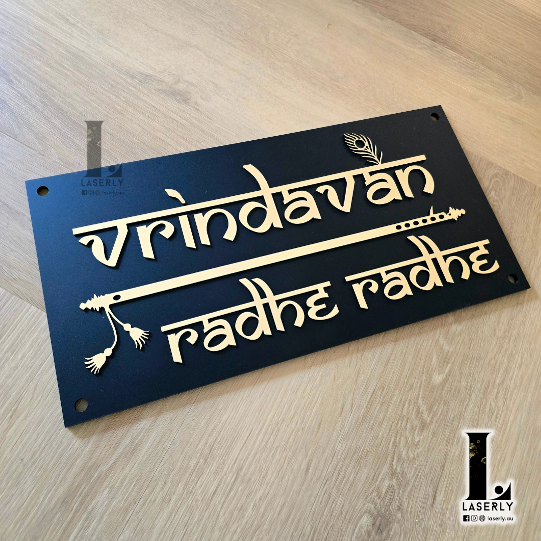 Front door house number sign in Vrindavan style, sleek and modern design.
