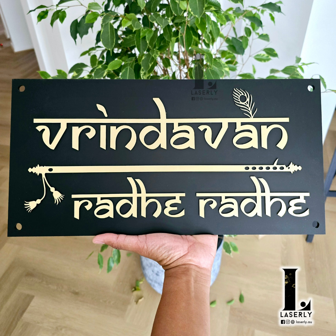 Laser-cut Vrindavan house number plaque enhancing the home’s exterior look.