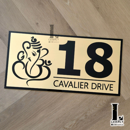 Minimalist Ganesha-inspired house number sign in premium acrylic finish.