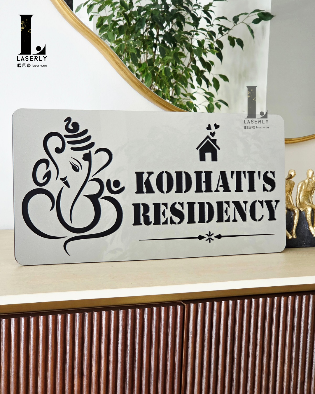 Premium acrylic Ganesha house number plate with brushed steel effect for main entrance décor.