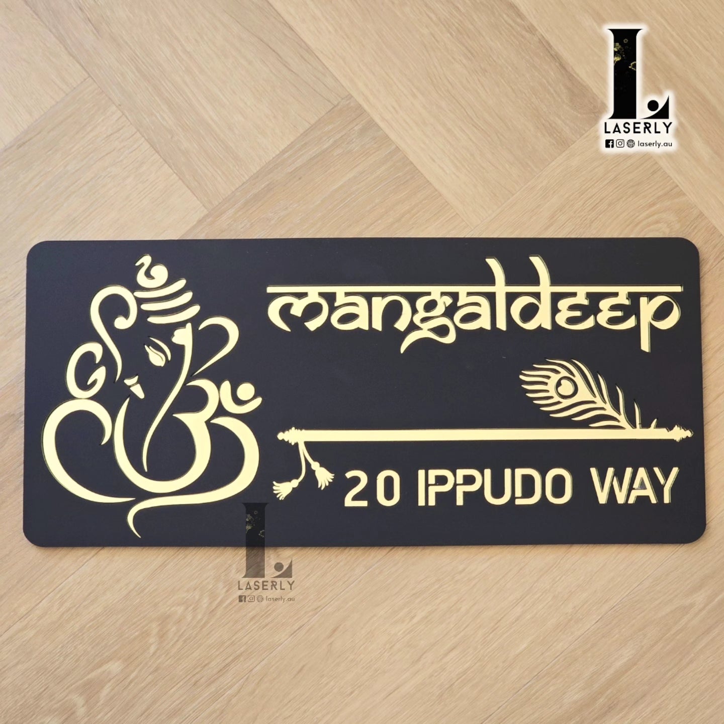 Elegant acrylic house number plaque featuring Lord Ganesha and Krishna with flute design.