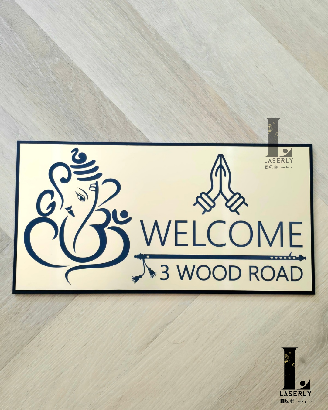 Ganesha Namaste house number sign featuring Lord Ganesha with flute detail in decorative laser-cut design.
