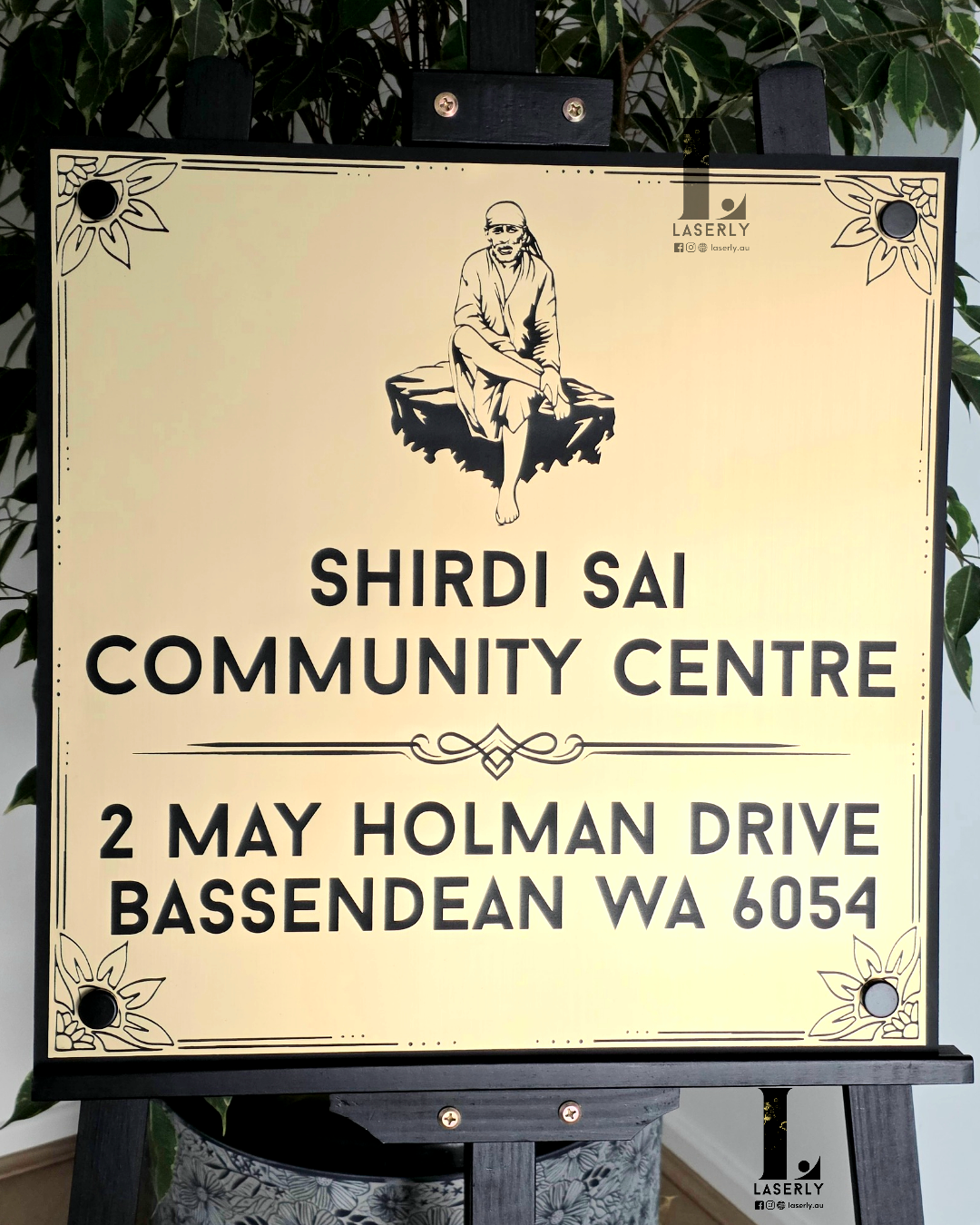Acrylic Sai Baba house sign in sleek black and gold color combination