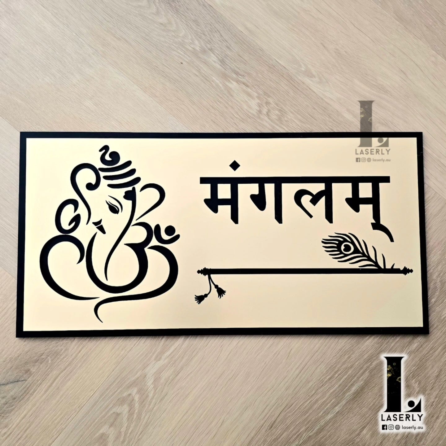 Gold Ganesha and Krishna flute house number sign crafted in laser-cut acrylic with elegant metallic finish.