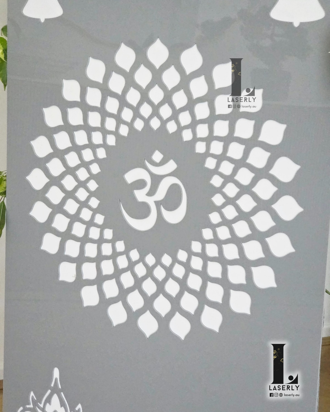 Laser-cut acrylic mandir sign featuring OM Mandala design