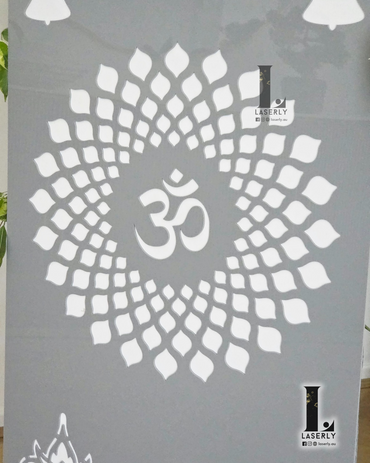 Laser-cut acrylic mandir sign featuring OM Mandala design