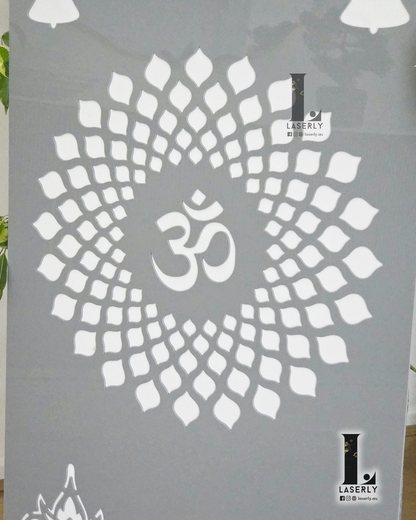 Laser-cut acrylic mandir sign featuring OM Mandala design