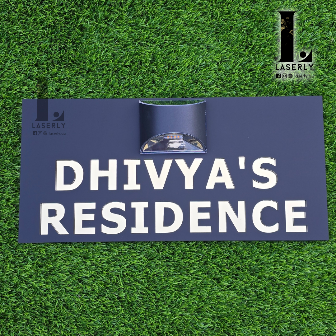 Modern acrylic horizontal house number sign with built-in solar panel and light strip.