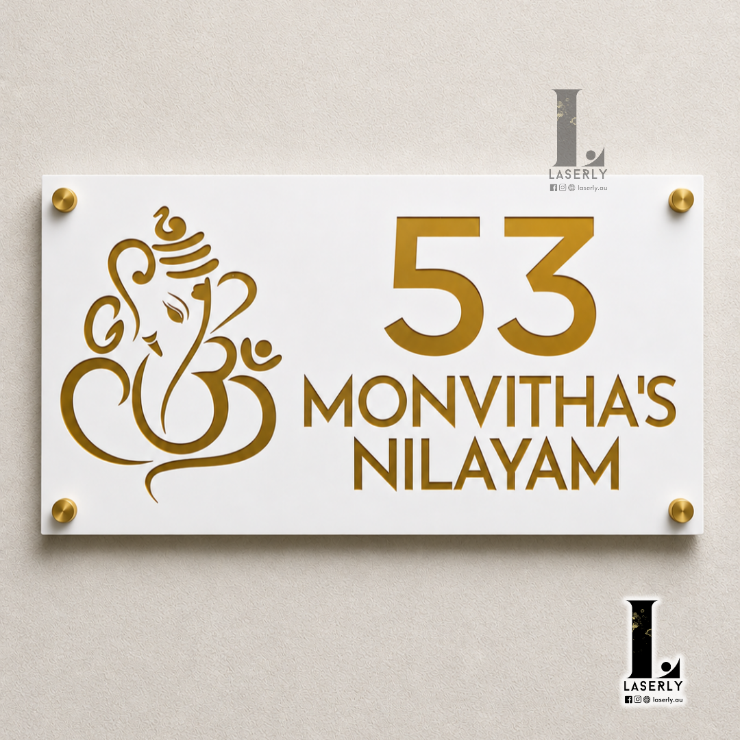 Ganesha House Number Sign (White and Mirror Gold)