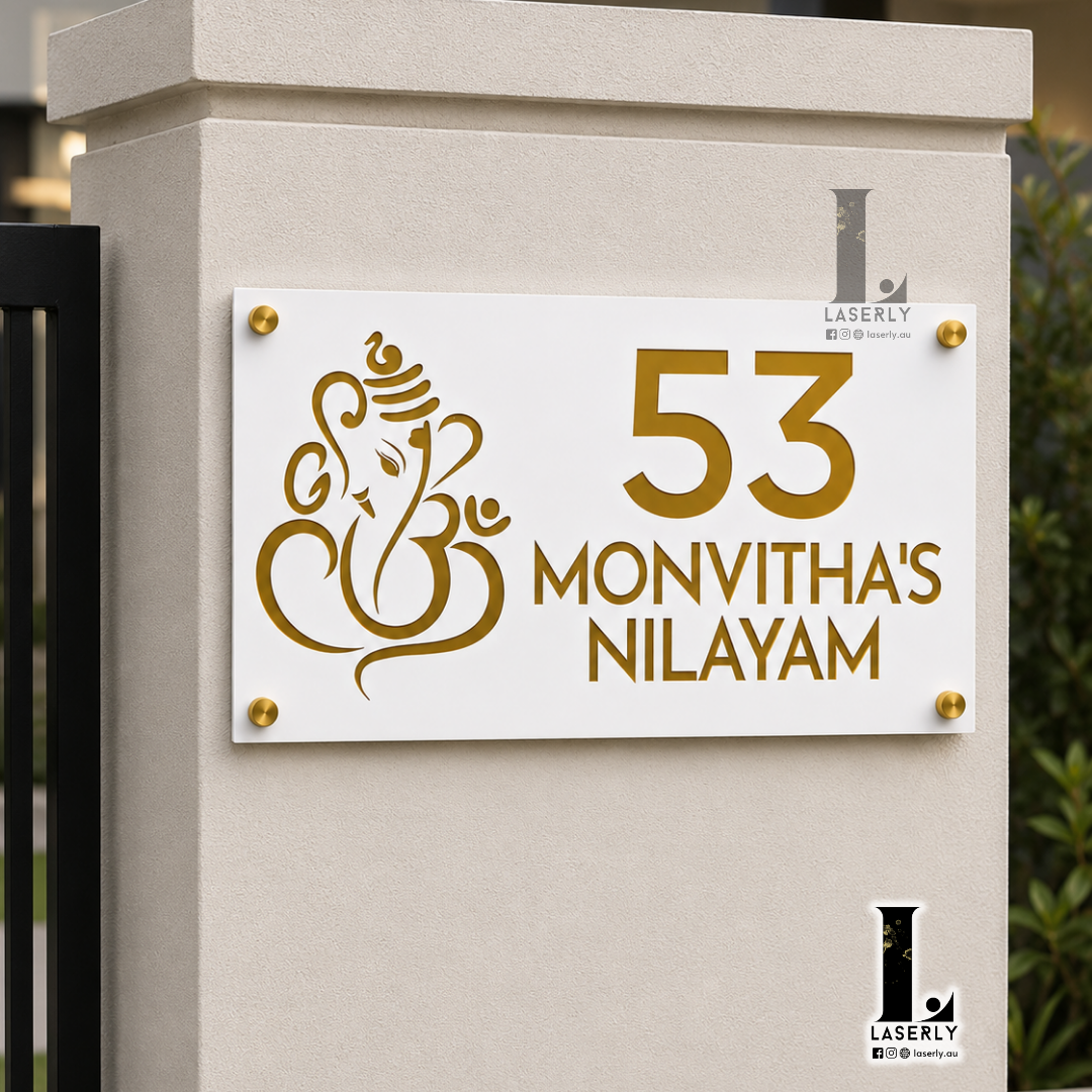 Ganesha House Number Sign (White and Mirror Gold)