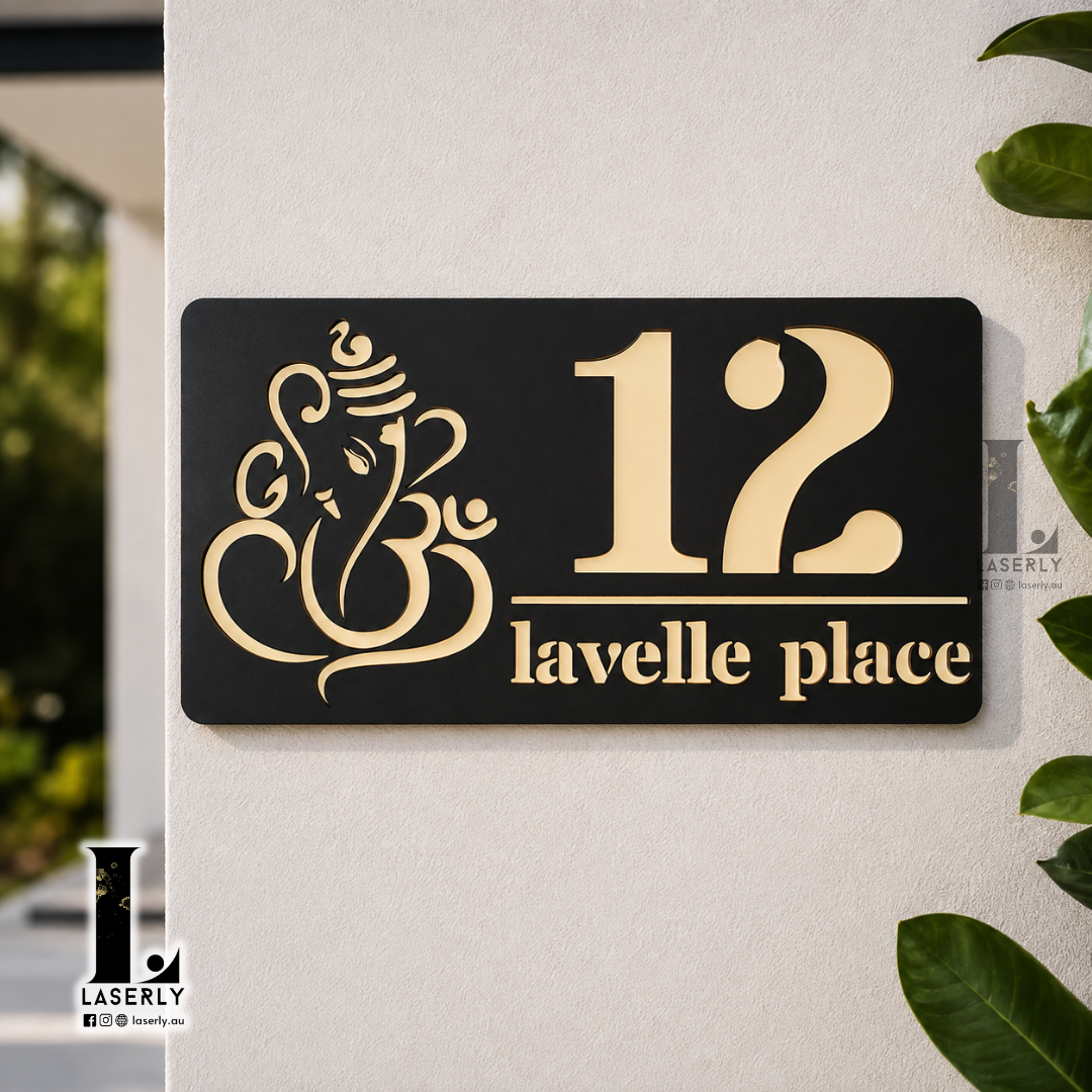 Ganesha House Number Sign (Black and Mirror Gold)