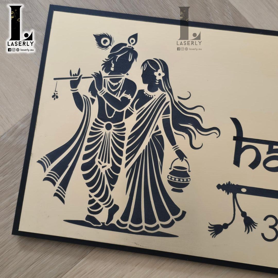 Decorative Radhe Krishna house number plaque in premium acrylic with spiritual motif for exterior wall.