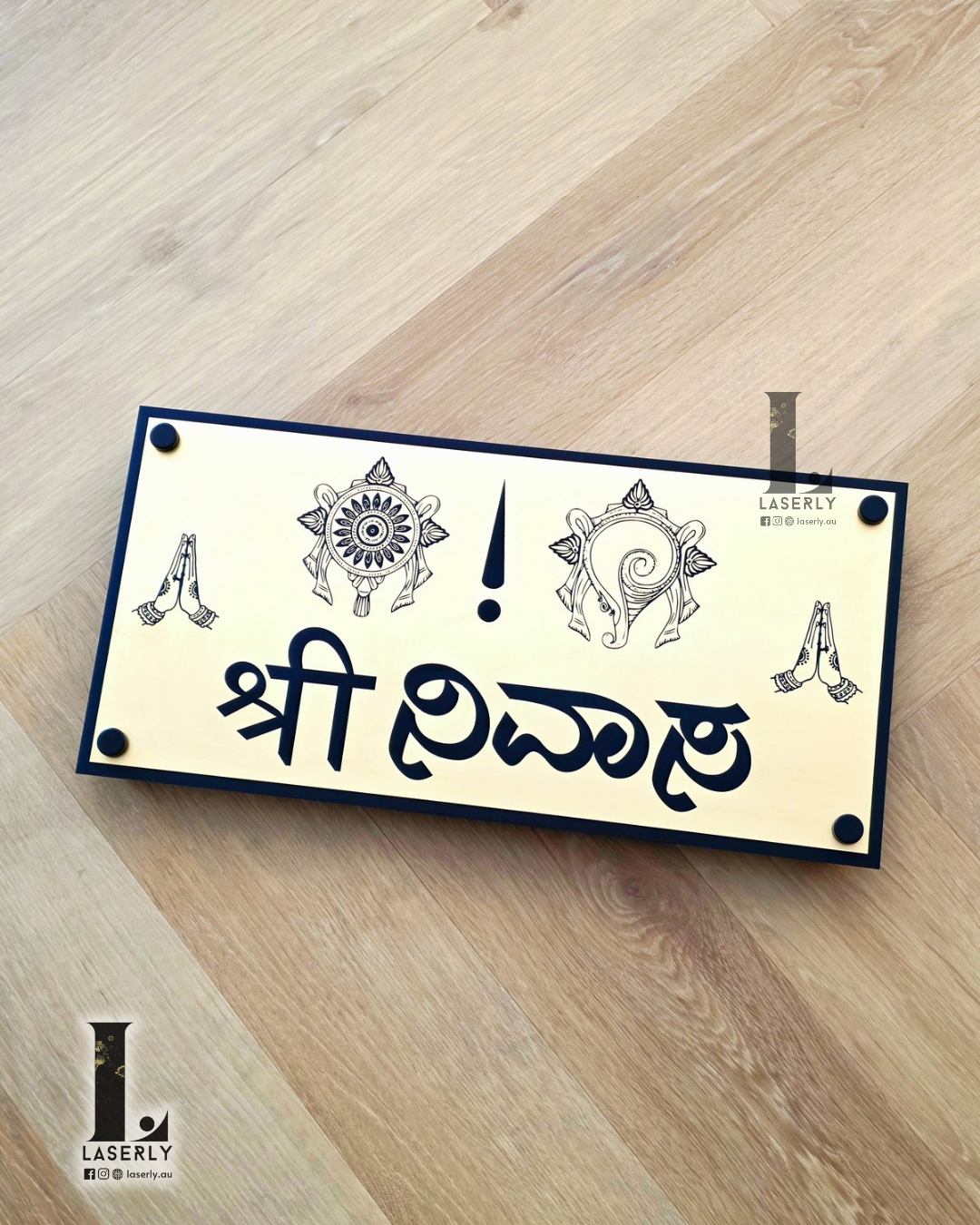 Elegant acrylic Srinivasa house number plaque enhancing the home entrance.