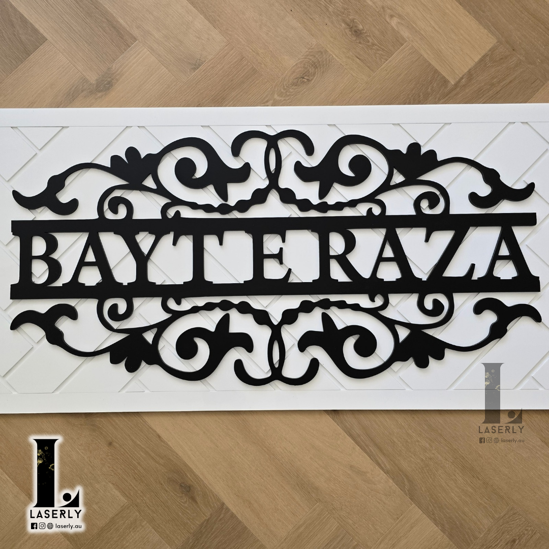 Custom decorative white home sign with intricate design for front door display.