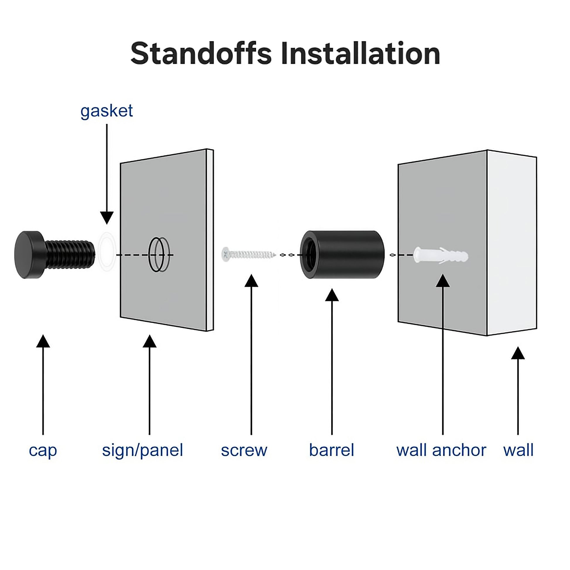 Standoff installation hardware mounted through acrylic sign panel, creating a modern floating effect on the exterior wall.